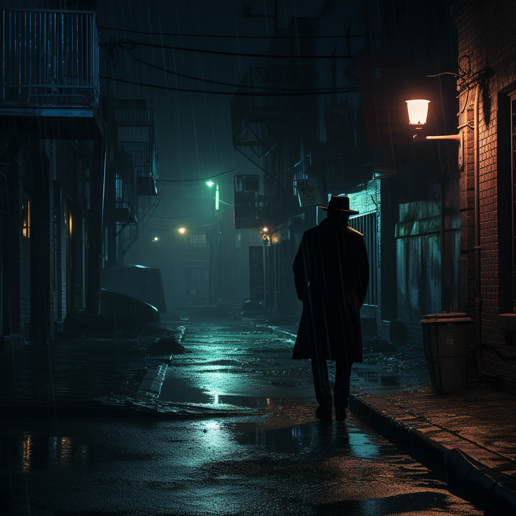 man walking down a dark and wet back alleyway