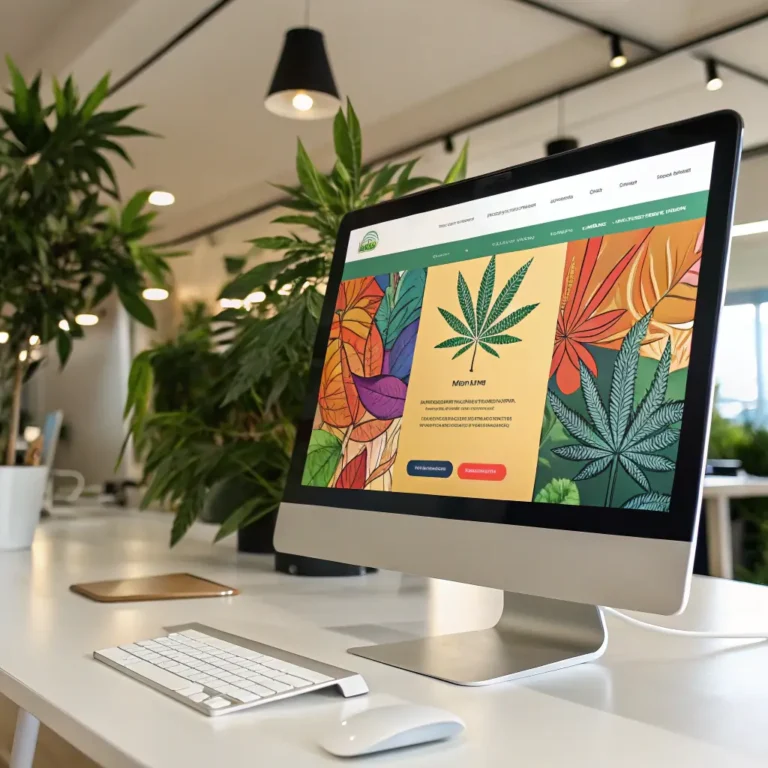 desktop computer with a cannabis leaf on the screen