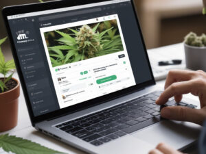 laptop with a cannabis website on the screen