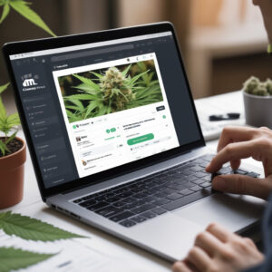 laptop with a cannabis website on the screen