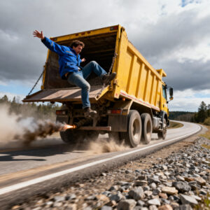 a man falling off a dump truck