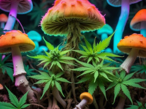 magic mushrooms and cannabis plants growing