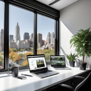 Modern office workspace with two laptops on a desk, city skyline view through large windows, emphasizing high-performing website design elements for 2026.