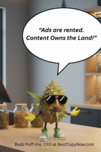 Budz Puff-lite character in sunglasses, promoting content marketing for cannabis businesses with the quote "Ads are rented. Content Owns the Land!"