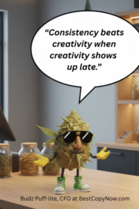 Cartoon cannabis character wearing sunglasses, standing at a dispensary counter, with a speech bubble stating, "Consistency beats creativity when creativity shows up late," emphasizing content marketing strategies for cannabis businesses.