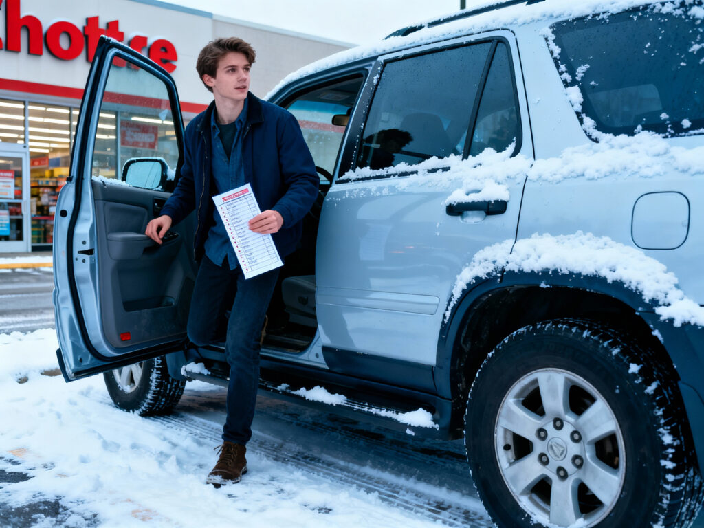 man getting out of his SUV in the snow