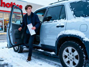 man getting out of his SUV in the snow