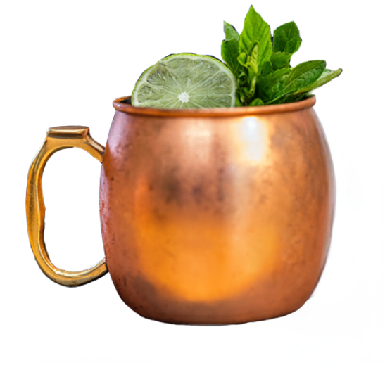 Copper mug filled with mint leaves and a lime slice, representing the Moscow Mule cocktail, featured in a cannabis marketing context.