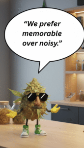 Cartoon cannabis character wearing sunglasses and sneakers, holding a speech bubble stating "We prefer memorable over noisy," symbolizing effective content marketing for cannabis dispensaries.