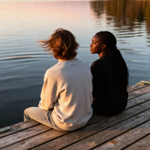 man and woman sitting on a dock