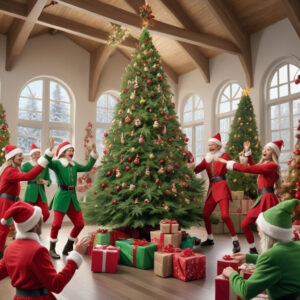 Elves celebrating around a beautifully decorated Christmas tree with presents, embodying festive joy and holiday spirit in a cannabis dispensary context.