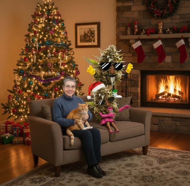 Woman holding a cat on a couch with a cannabis-themed character in sunglasses and Santa hat, festive Christmas tree and fireplace in the background, celebrating the holiday season.
