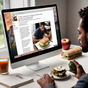 Man focused on computer screen while enjoying a sandwich and a drink, illustrating the integration of digital engagement and lifestyle.