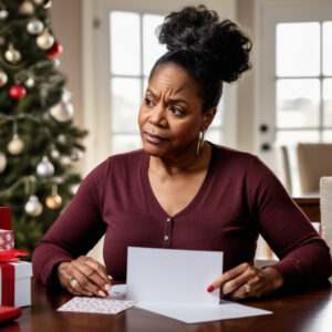 Woman contemplating gift ideas at a table with holiday decorations, surrounded by presents and a blank card, reflecting on stress-free cannabis gifting options.