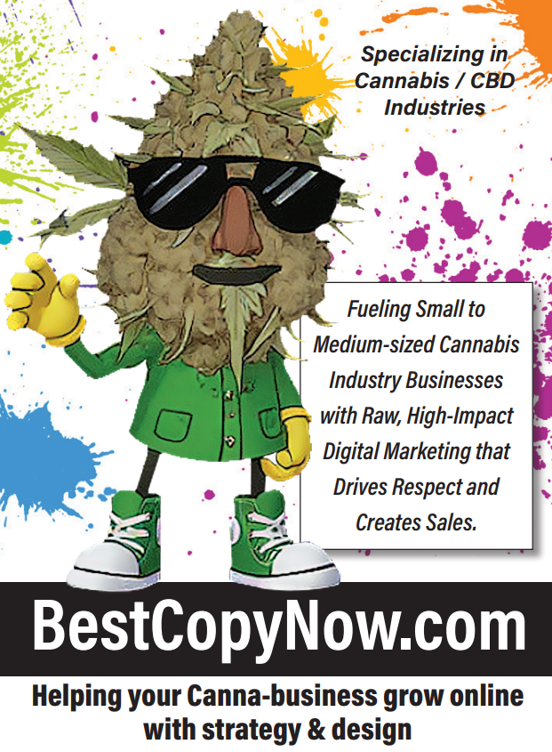 Cartoon character resembling cannabis bud wearing sunglasses and green jacket, promoting BestCopyNow's digital marketing services for cannabis industry businesses.