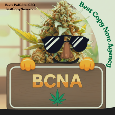 Cartoon cannabis character wearing sunglasses, holding a sign with "BCNA" and "Best Copy Now Agency," symbolizing cannabis marketing and copywriting expertise.