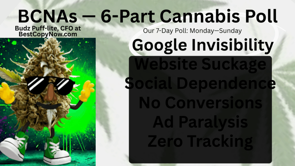 Budz Puff-lite character with sunglasses promoting cannabis poll, text highlights issues like Google invisibility and website challenges, vibrant green background.