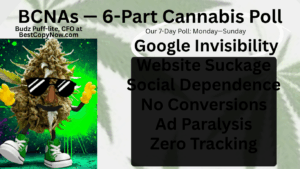 Budz Puff, the cannabis mascot, promoting a poll on Google invisibility and website importance, featuring text on website issues like social dependence and ad paralysis.