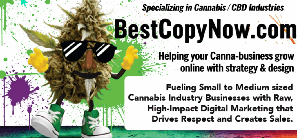 Cartoon cannabis character wearing sunglasses, promoting BestCopyNow's cannabis marketing services with vibrant graffiti-style background and text highlighting cannabis industry focus.