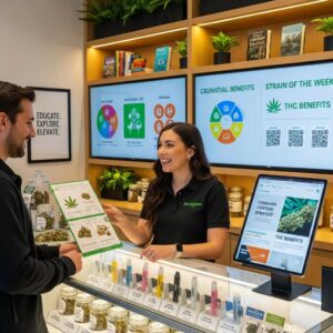 woman budtender speaking to a man across the counter.