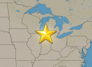 Map highlighting a central location in the Midwest with a golden star, symbolizing local SEO importance for cannabis businesses.
