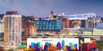 Syracuse skyline with colorful cityscape illustration, representing local market dynamics for cannabis marketing in Upstate New York.