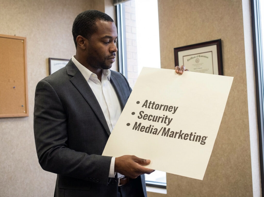 Man holding a sign listing services: Attorney, Security, Media/Marketing, in an office setting relevant to cannabis industry support.