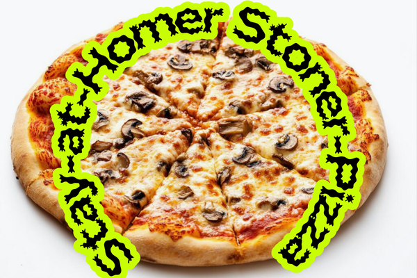 Stay-at-Homer Stoner-Pizza featuring a cheesy pizza topped with mushrooms, emphasizing comfort food for cannabis enthusiasts.