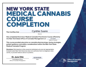 New York State Medical Cannabis Course Completion certificate, featuring the title, recipient name, course details, and signatures, relevant to cannabis marketing and education.