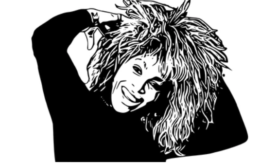 Tina Turner illustration with iconic hairstyle, smiling and posing, reflecting themes of love and emotion in the context of cannabis marketing discussions.