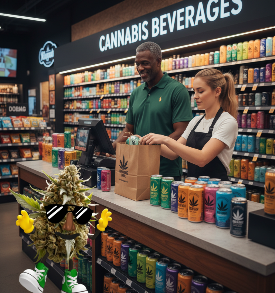 Smiling cashier and customer at a cannabis beverage store, featuring colorful cans and a playful cannabis character, highlighting the emerging THC drink market in New York.