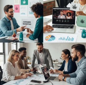 Group of professionals collaborating on cannabis marketing strategies, analyzing charts and graphs, with cannabis-themed materials and a laptop displaying a video call.