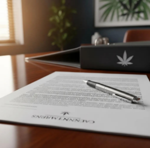 Document with cannabis branding and pen on a wooden desk, symbolizing compliance in cannabis marketing regulations.