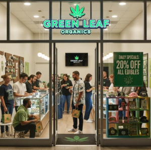 Retail cannabis store "Green Leaf Organics" featuring customers browsing products, promotional signage for edibles, and a modern, inviting atmosphere.