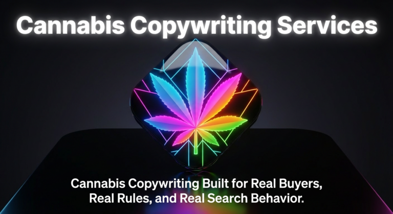 Cannabis copywriting services graphic featuring a vibrant, illuminated cannabis leaf design and bold text emphasizing clarity and buyer intent.