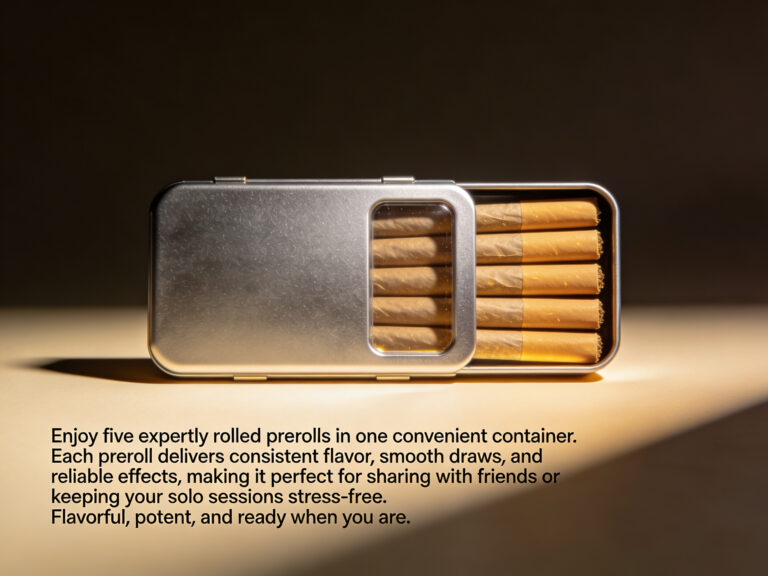 Pack of five cannabis prerolls in a sleek metal container, showcasing smooth, consistent flavor and ready for sharing or solo use.