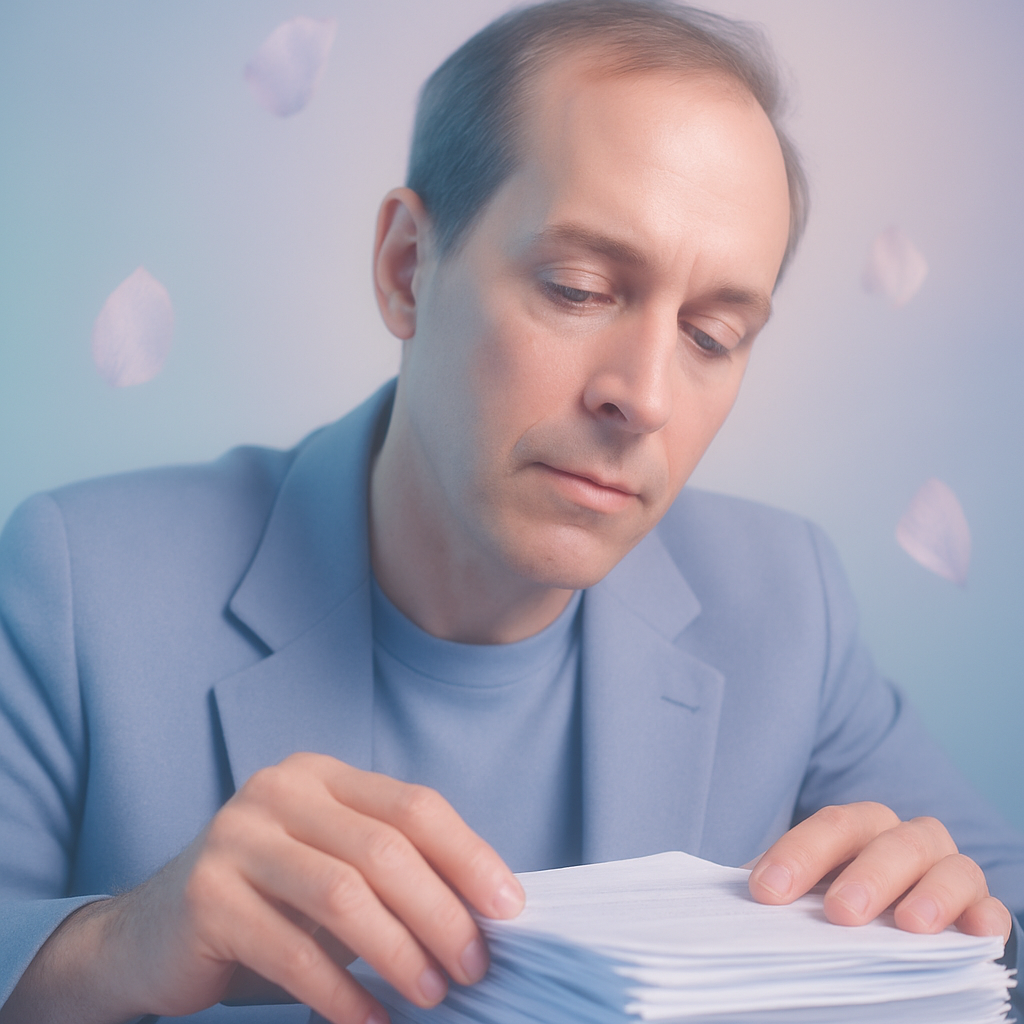 Man in a light blue blazer examining a stack of receipts, surrounded by soft pastel colors, symbolizing tax season and financial organization.
