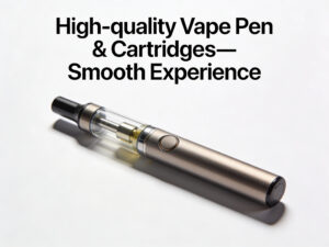 High-quality vape pen and cartridges with a sleek design, emphasizing a smooth experience, relevant to cannabis product descriptions and marketing.