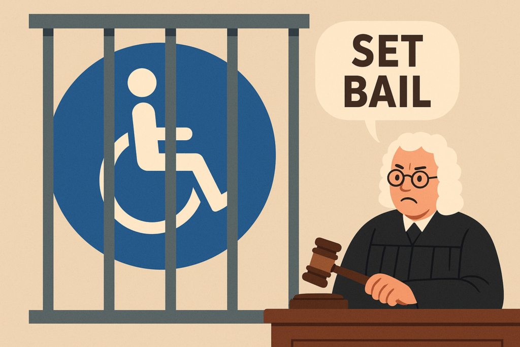 Judge in courtroom with gavel, demanding to "SET BAIL" for a person represented by a wheelchair symbol behind bars, emphasizing ADA compliance in cannabis websites.