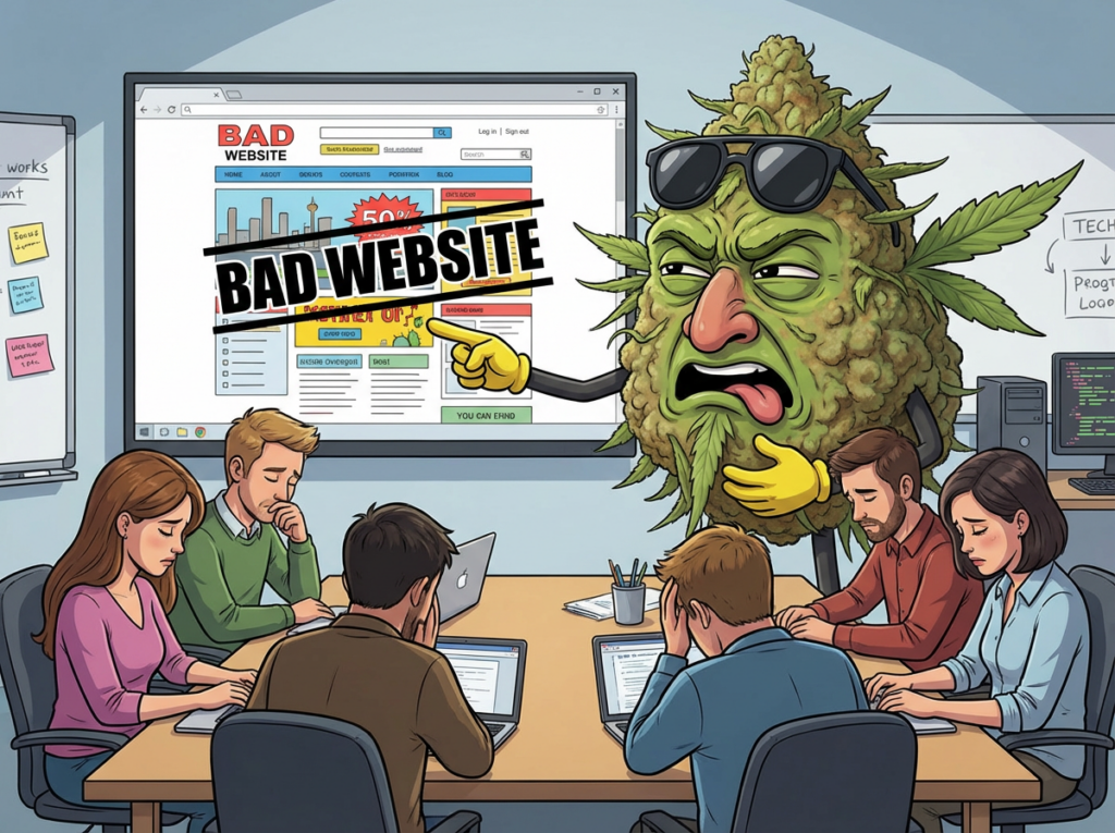 Cartoon character representing cannabis criticizing a poorly designed website, with team members appearing frustrated at a conference table, emphasizing the importance of effective cannabis website SEO strategies.