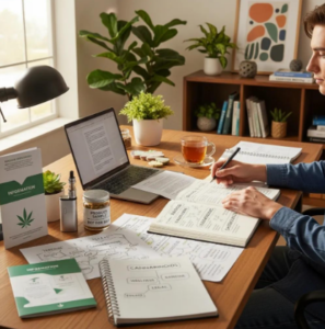 a man at his desk with books and copywriting