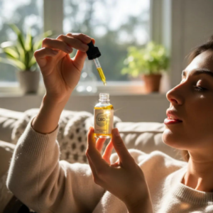 woman and a bottle of CBD oil