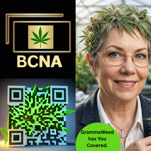 BCNA logo featuring a cannabis leaf, woman with cannabis-themed hairstyle, and text "GrammaWeed has You Covered," representing cannabis humor and marketing.