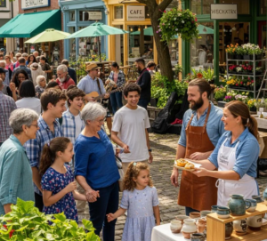 Community gathering at a local market, people engaging with a vendor, showcasing local food and crafts, emphasizing community connections and support.