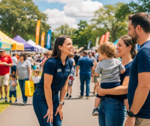 Community ambassadors engaging with families at a local event, showcasing neighborhood involvement and connection.