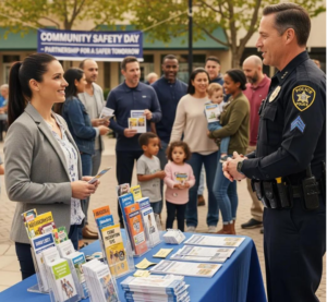 Community Safety Day event with a police officer speaking to a woman, informational brochures on a table, families gathered, promoting local engagement and support.