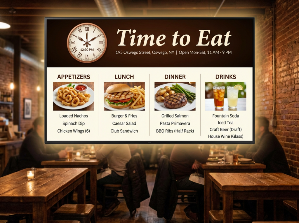 Time to Eat menu board featuring appetizers, lunch, dinner, and drinks options in a cozy restaurant setting, emphasizing casual dining experiences.