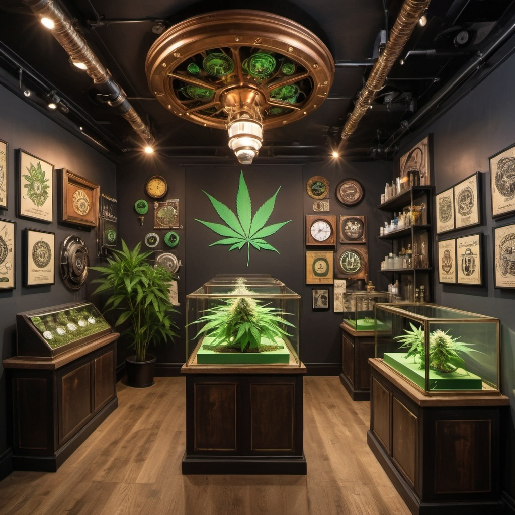 Steampunk-style cannabis dispensary interior featuring a prominent green cannabis leaf mural, display cases with cannabis plants, and vintage decor, emphasizing the unique branding and aesthetic for cannabis marketing.