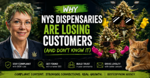 Woman with cannabis-themed hairstyle and suit, text overlay reading "WHY NYS DISPENSARIES ARE LOSING CUSTOMERS (AND DON'T KNOW IT)," cartoon cannabis characters with sunglasses, and a cat, emphasizing compliance and customer engagement in cannabis marketing.