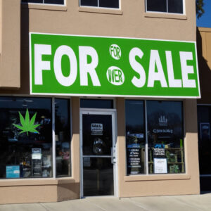 a large sign on a cannabis store saying for sale